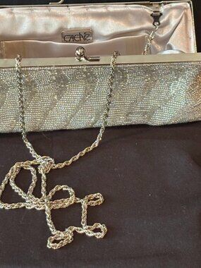 Cache Silver Beaded Evening Clutch w Removable Chain Strap ~ NWT